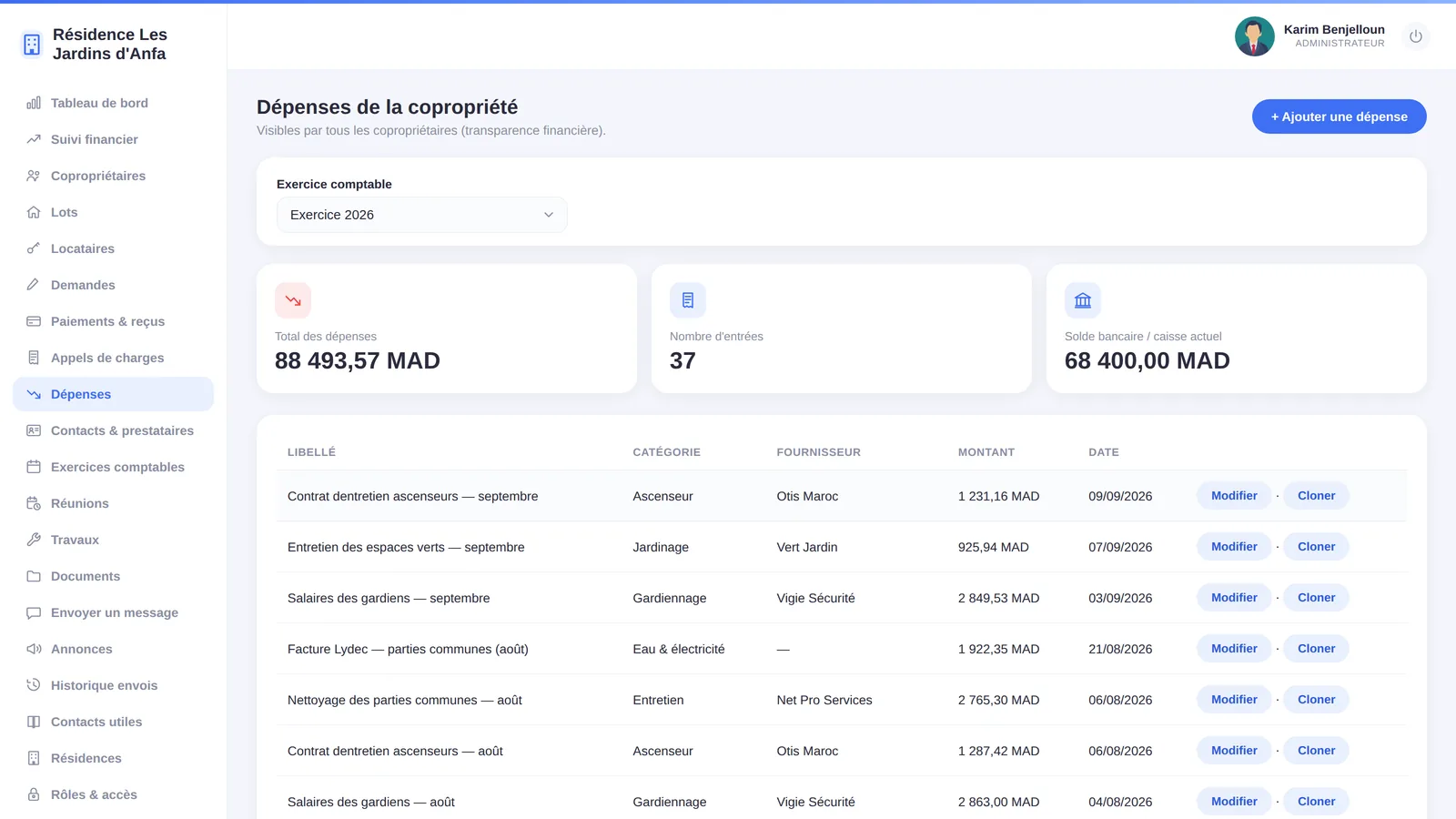 Registre des dépenses de la copropriété par catégorie